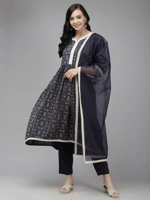 Indo Era Navy Blue Printed A-line Kurta Palazzo With Dupatta Set 1