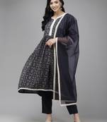 Indo Era Navy Blue Printed A-line Kurta Palazzo With Dupatta Set