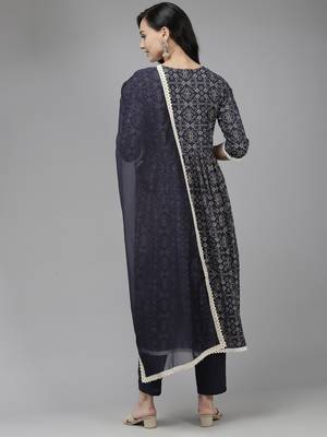 Indo Era Navy Blue Printed A-line Kurta Palazzo With Dupatta Set 2