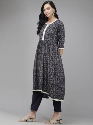 Indo Era Navy Blue Printed A-line Kurta Palazzo With Dupatta Set 3
