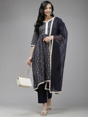 Indo Era Navy Blue Printed A-line Kurta Palazzo With Dupatta Set 4