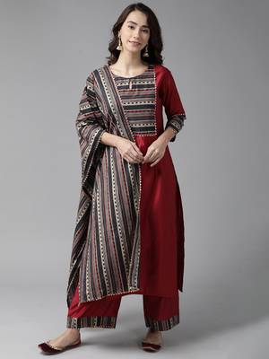 Indo Era Maroon Solid Straight Kurta Palazzo With Dupatta Set 1