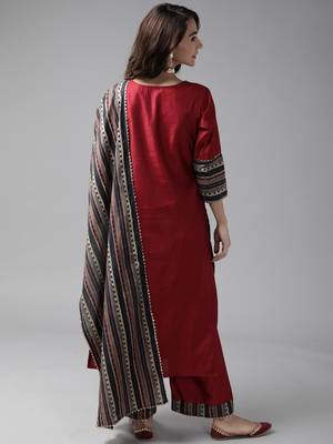 Indo Era Maroon Solid Straight Kurta Palazzo With Dupatta Set 2