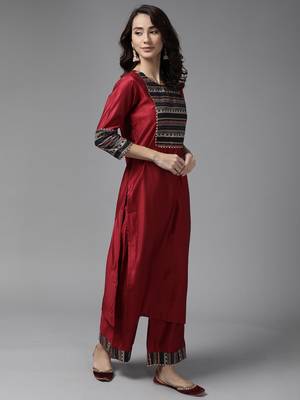 Indo Era Maroon Solid Straight Kurta Palazzo With Dupatta Set 3