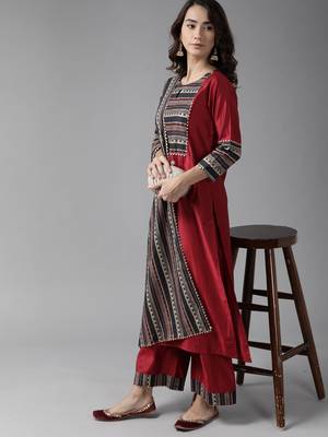 Indo Era Maroon Solid Straight Kurta Palazzo With Dupatta Set 4