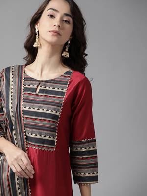 Indo Era Maroon Solid Straight Kurta Palazzo With Dupatta Set 5