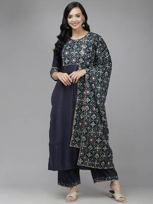 Indo Era Navy Blue Solid Straight Kurta Trouser With Dupatta Set 1