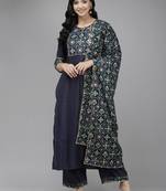 Indo Era Navy Blue Solid Straight Kurta Trouser With Dupatta Set