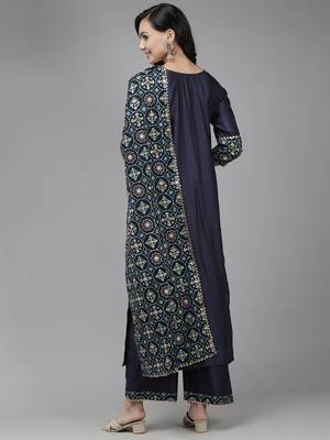 Indo Era Navy Blue Solid Straight Kurta Trouser With Dupatta Set 2