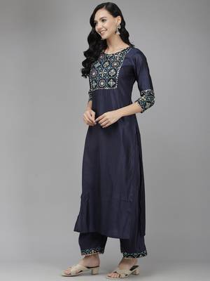 Indo Era Navy Blue Solid Straight Kurta Trouser With Dupatta Set 3