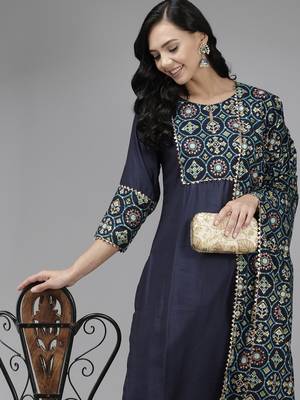 Indo Era Navy Blue Solid Straight Kurta Trouser With Dupatta Set 5