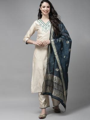 Indo Era Off-White Embroidered Straight Kurta Palazzo With Dupatta Set 1
