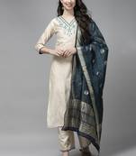 Indo Era Off-White Embroidered Straight Kurta Palazzo With Dupatta Set
