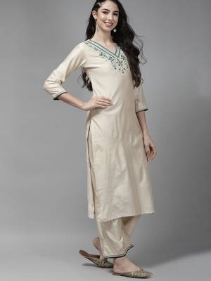 Indo Era Off-White Embroidered Straight Kurta Palazzo With Dupatta Set 3