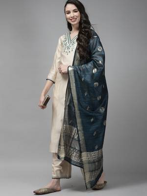 Indo Era Off-White Embroidered Straight Kurta Palazzo With Dupatta Set 4