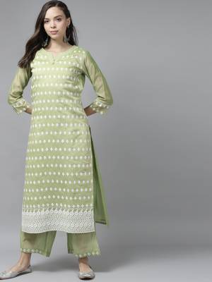 Indo Era Green Floral Embroidered Straight Kurta With Palazzo Set 1
