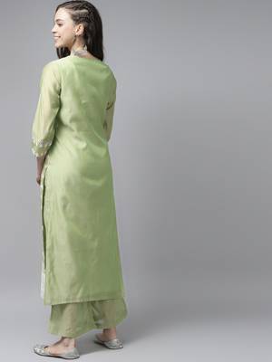 Indo Era Green Floral Embroidered Straight Kurta With Palazzo Set 2