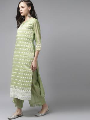 Indo Era Green Floral Embroidered Straight Kurta With Palazzo Set 3