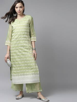 Indo Era Green Floral Embroidered Straight Kurta With Palazzo Set 4