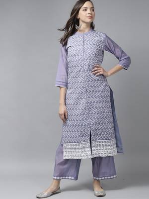 Indo Era Purple Floral Embroidered Straight Kurta With Palazzo Set 1