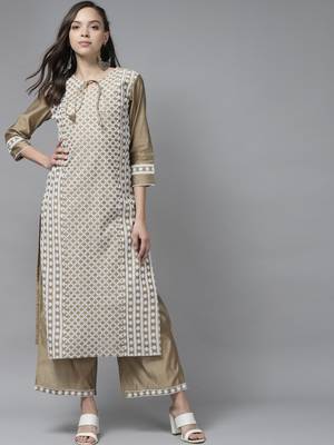 Indo Era Brown Embroidered straight Kurta With Palazzo Set 1