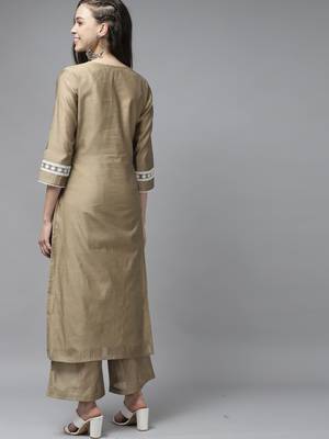 Indo Era Brown Embroidered straight Kurta With Palazzo Set 2