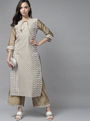 Indo Era Brown Embroidered straight Kurta With Palazzo Set 4