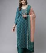 Indo Era Blue Embroidered Straight Kurta Palazzo With Dupatta Set