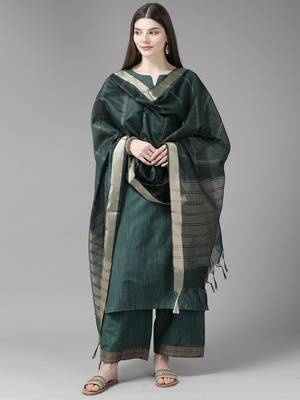 Indo Era Green Solid Straight Kurta Palazzo With Dupatta Set 1