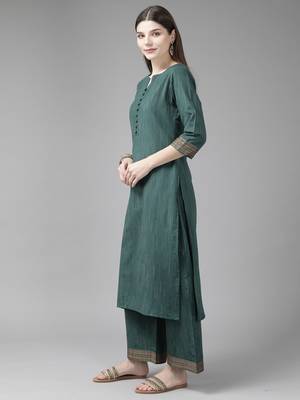 Indo Era Green Solid Straight Kurta Palazzo With Dupatta Set 3