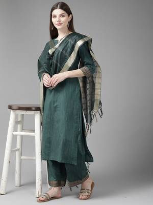 Indo Era Green Solid Straight Kurta Palazzo With Dupatta Set 4
