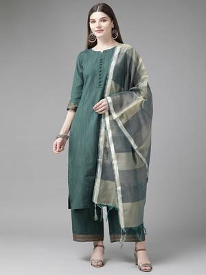 Indo Era Green Solid Straight Kurta Palazzo With Dupatta Set 1