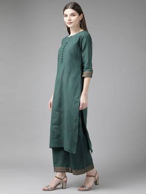 Indo Era Green Solid Straight Kurta Palazzo With Dupatta Set 3