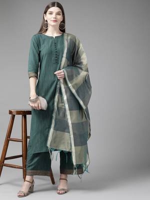 Indo Era Green Solid Straight Kurta Palazzo With Dupatta Set 4