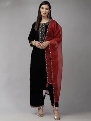 Indo Era Navy Blue Embroidered Straight Kurta Palazzo With Dupatta Set 1