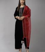Indo Era Navy Blue Embroidered Straight Kurta Palazzo With Dupatta Set