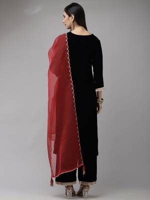 Indo Era Navy Blue Embroidered Straight Kurta Palazzo With Dupatta Set 2