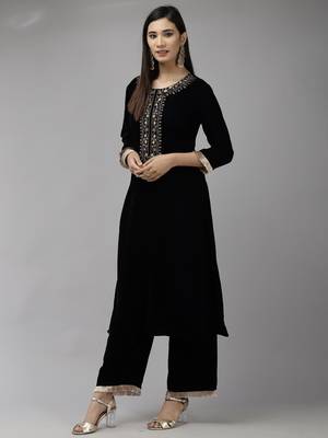 Indo Era Navy Blue Embroidered Straight Kurta Palazzo With Dupatta Set 3