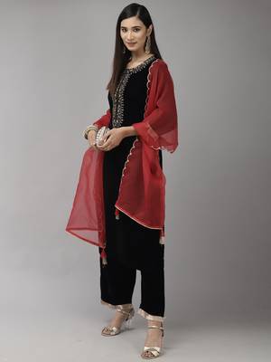 Indo Era Navy Blue Embroidered Straight Kurta Palazzo With Dupatta Set 4