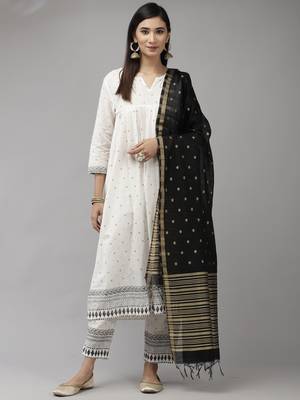 Indo Era White Printed A-line Kurta Trouser With Dupatta Set 1