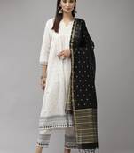 Indo Era White Printed A-line Kurta Trouser With Dupatta Set