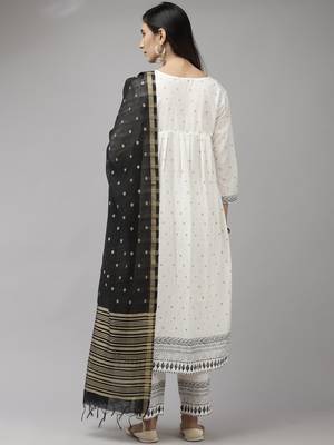 Indo Era White Printed A-line Kurta Trouser With Dupatta Set 2