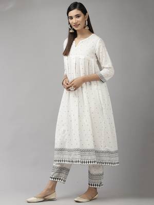 Indo Era White Printed A-line Kurta Trouser With Dupatta Set 3