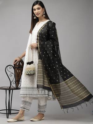 Indo Era White Printed A-line Kurta Trouser With Dupatta Set 4