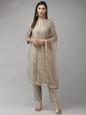 Indo Era Grey Solid Straight Kurta Trouser With Dupatta Set 1