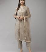 Indo Era Grey Solid Straight Kurta Trouser With Dupatta Set