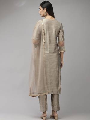 Indo Era Grey Solid Straight Kurta Trouser With Dupatta Set 2