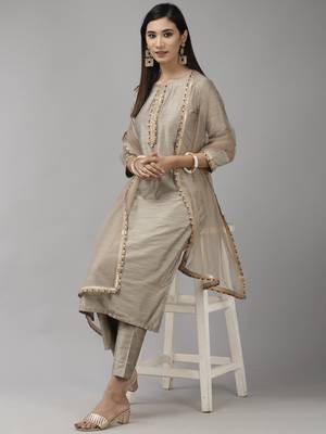 Indo Era Grey Solid Straight Kurta Trouser With Dupatta Set 4