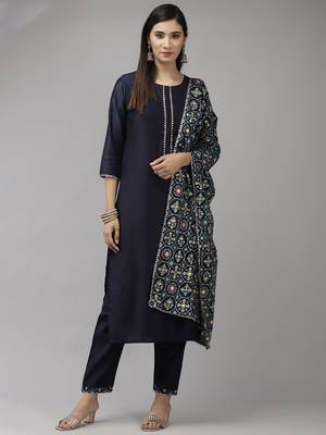 Indo Era Navy Blue Solid Straight Kurta Trouser With Dupatta Set 1