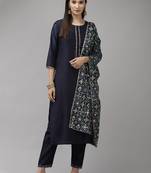 Indo Era Navy Blue Solid Straight Kurta Trouser With Dupatta Set